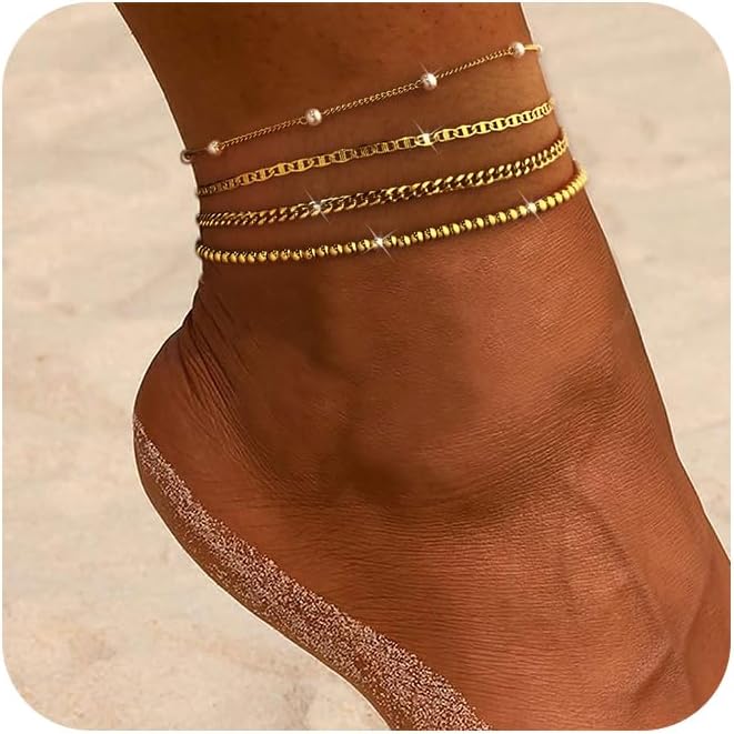 MFRYK Gold Ankle Bracelets for women,14k Gold/Silver Plated Waterproof Layered lightweight Cuban Link Figaro Chain Heart anklet butterfly anklet Pearl Ankle Bracelets Set Gold Anklets for women Trendy Jewelry Gift for Women - Image 1